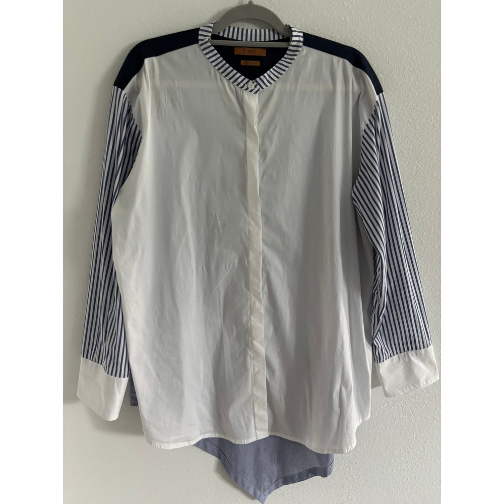 Hope Top Womens‎ US 14/16 White Blue Boyfriend Button Down Coastal Nautical